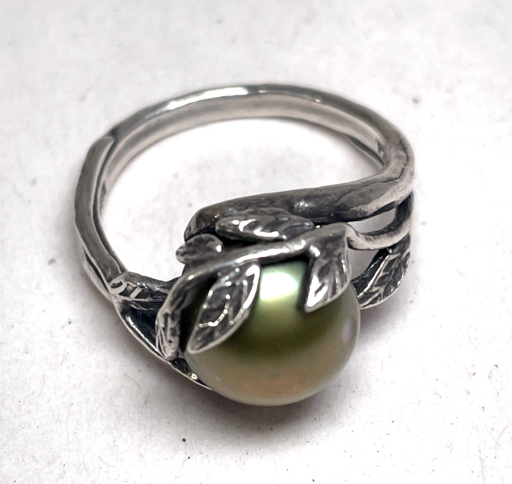 Or Paz Israel Green Pearl Sterling Silver Ring Leaf Design Size 9 Signed 925